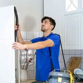 A man cleans refrigerators and kitchens