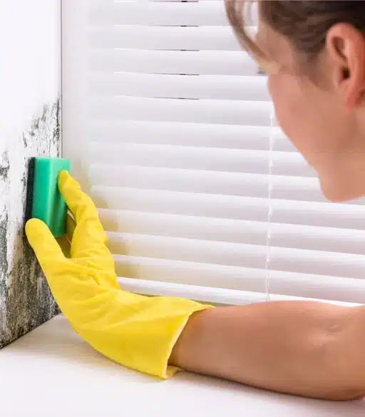 A maid cleans ceramic surfaces in the bathroom and kitchen